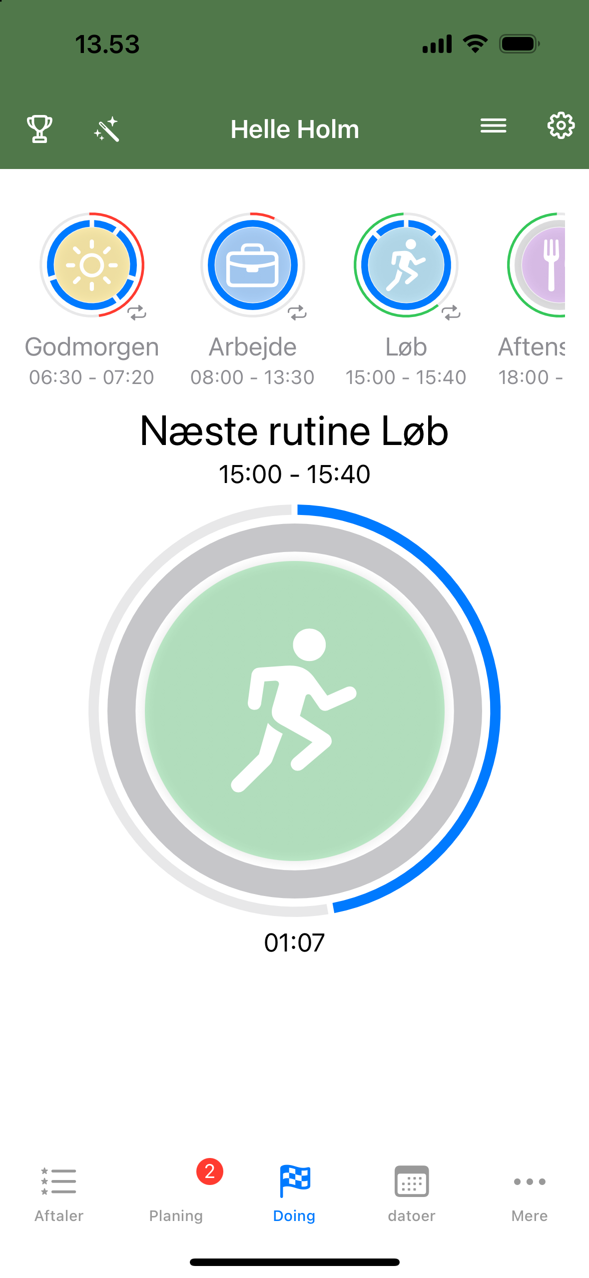 iOS-appens Doing-skærm med næste rutine og nedtælling