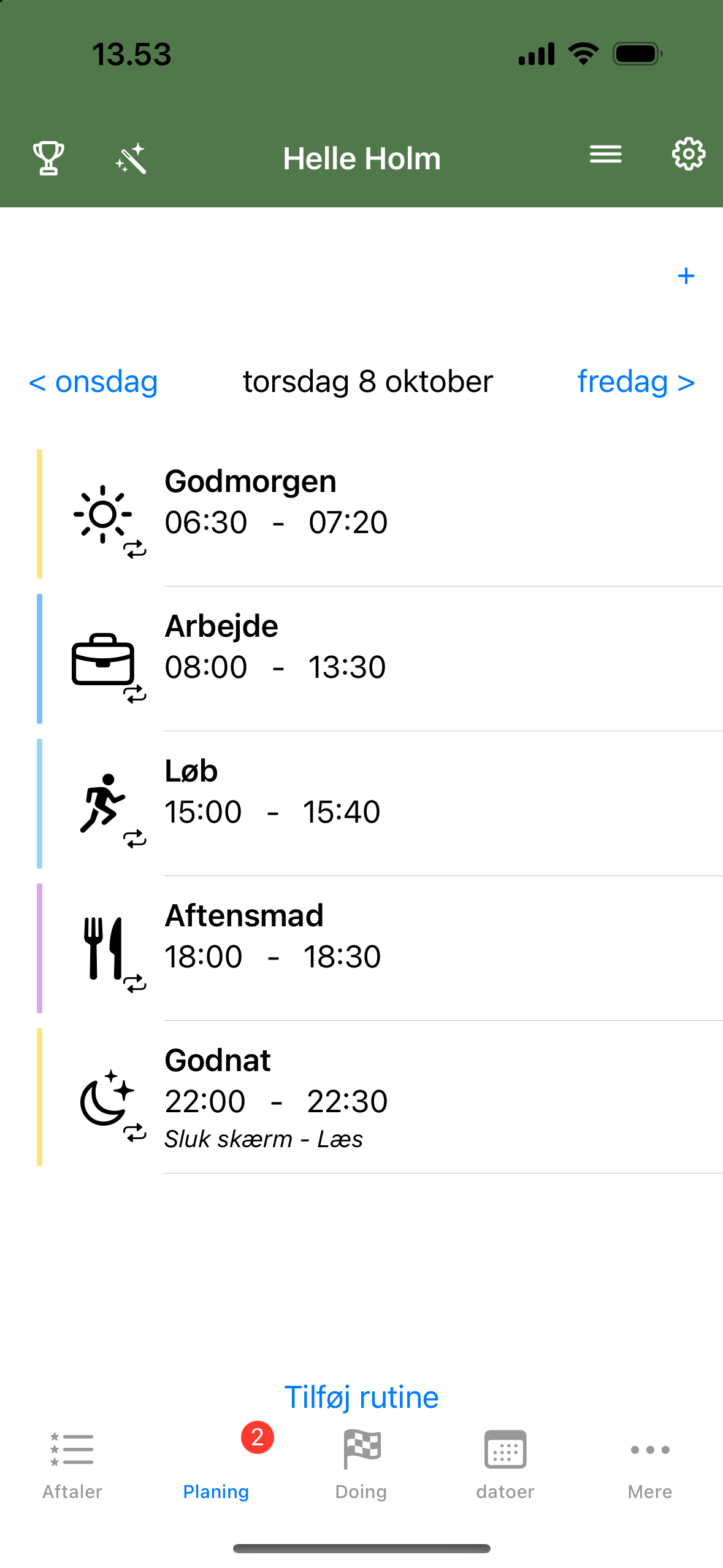 Morgenrutine iOS-app — dagens rutiner