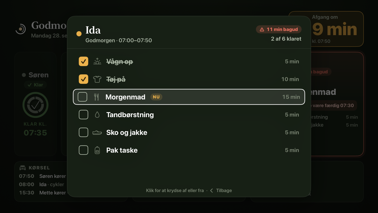 A routine opened on Apple TV. The steps can be ticked on or off with one click.