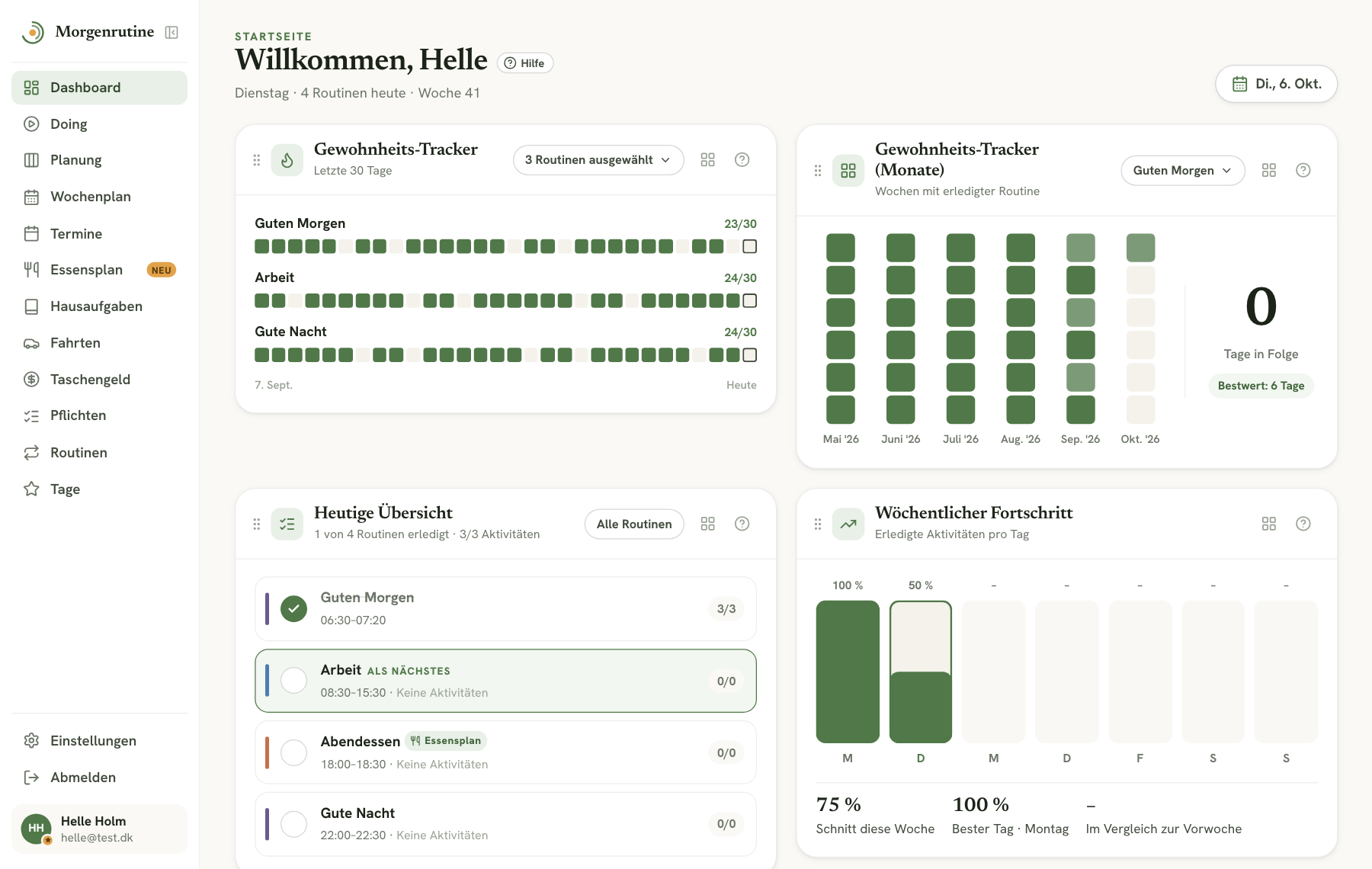 Morgenrutine Web-App — Dashboard mit Gewohnheitstracker, Tagesüberblick und Wochenfortschritt