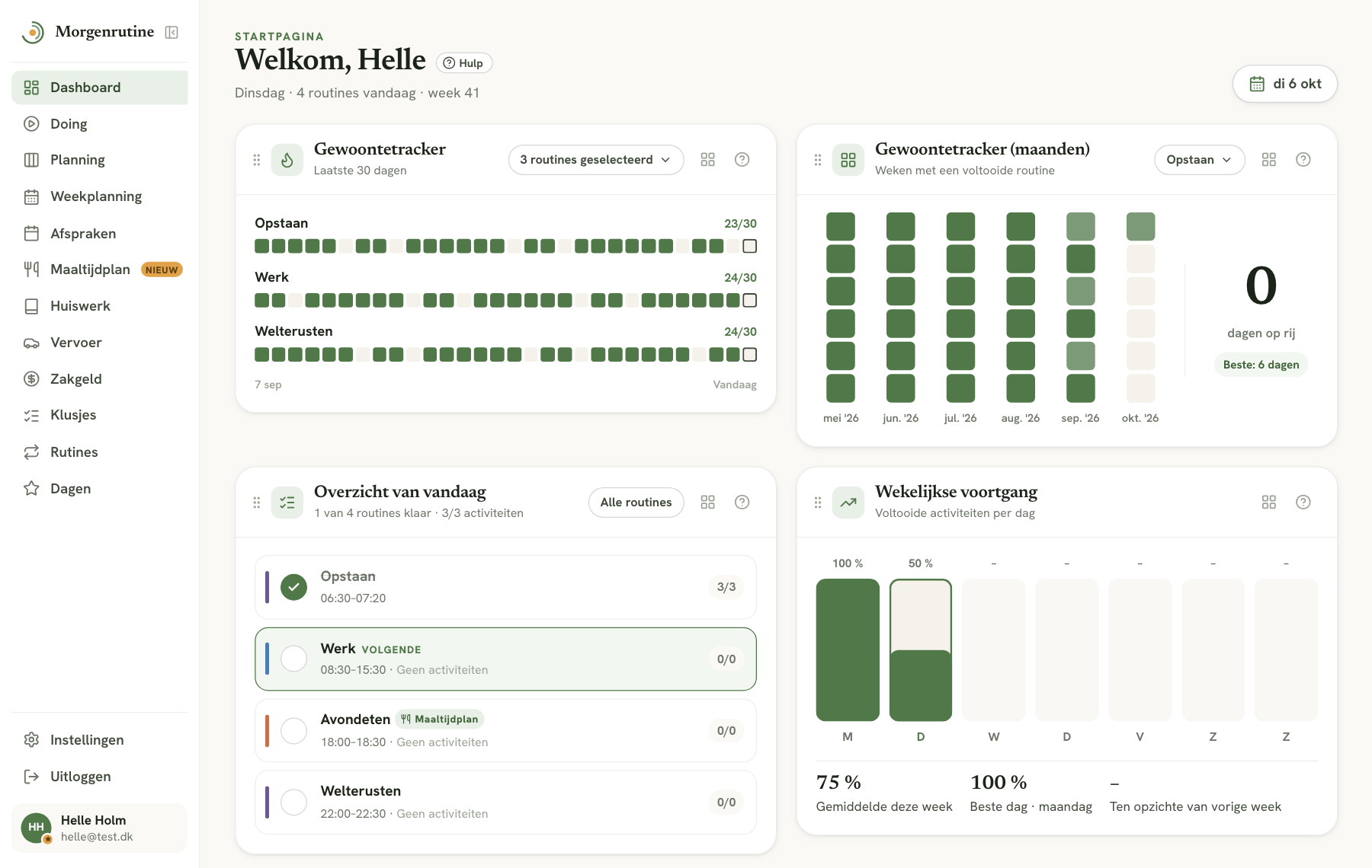 Morgenrutine webapp — dashboard met gewoontetracker, overzicht van vandaag en wekelijkse voortgang