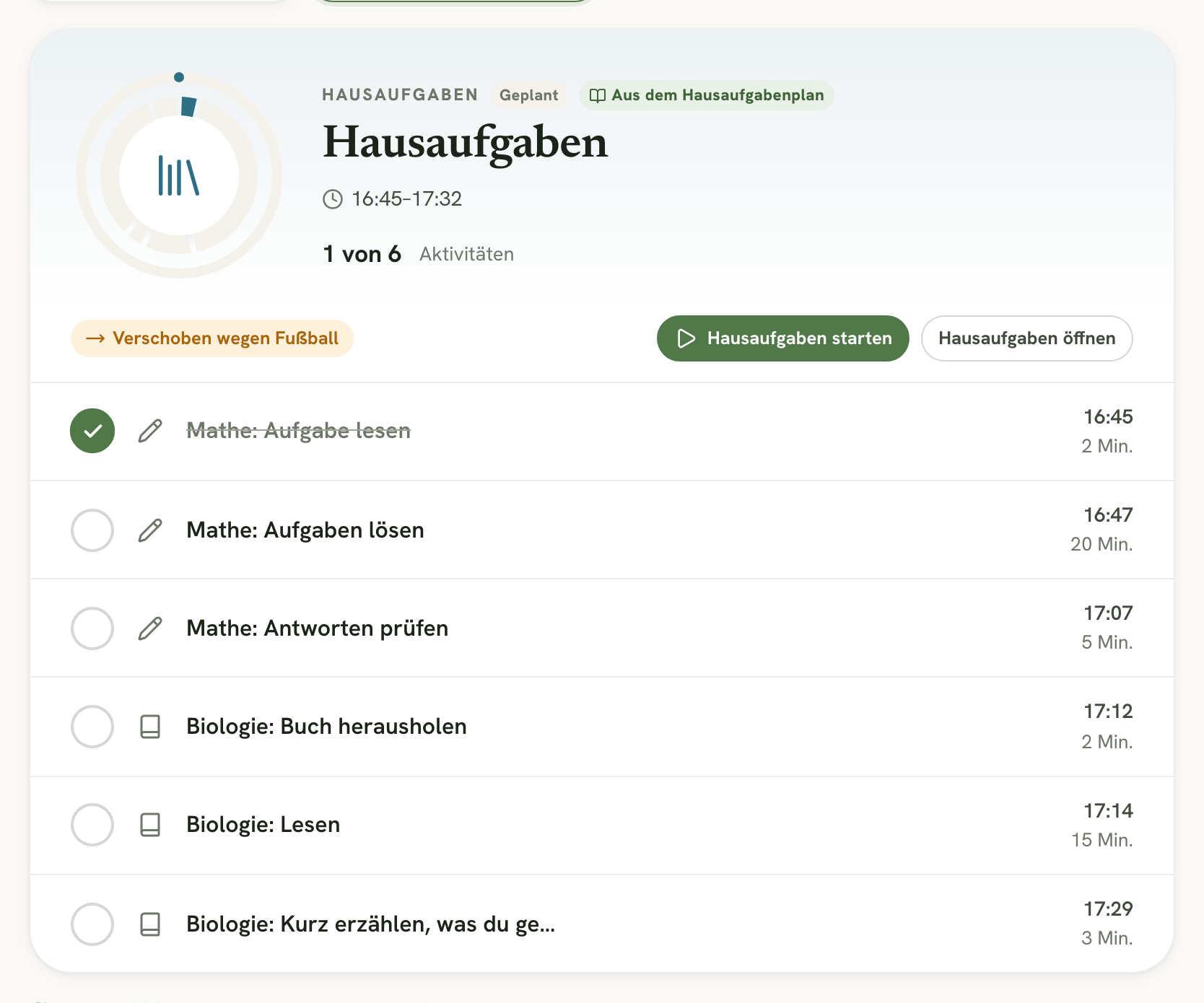 Die Hausaufgaben-Routine in Doing mit dem Hinweis Aus dem Hausaufgabenplan und sechs Schritten
