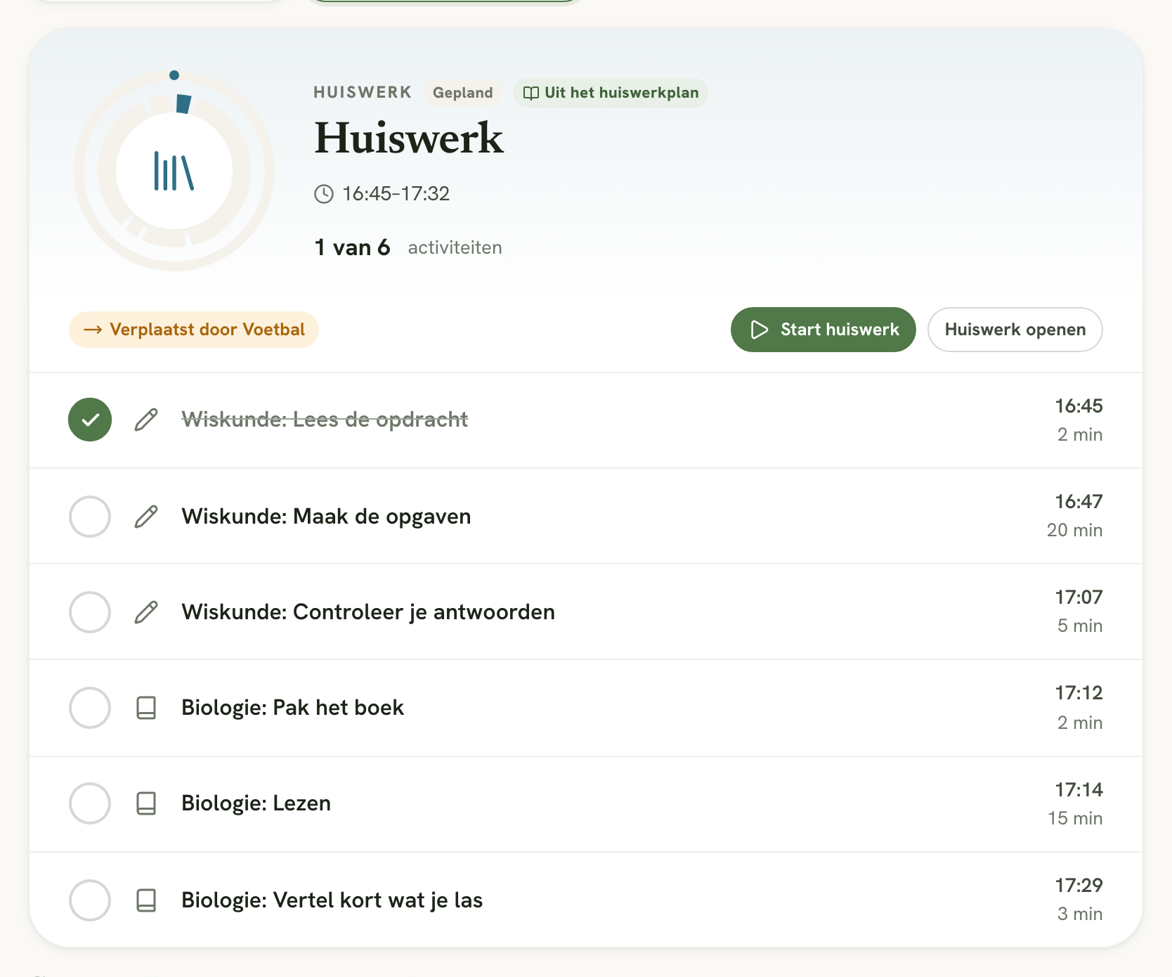 De routine Huiswerk in Doing met het label Uit het huiswerkplan en zes stappen