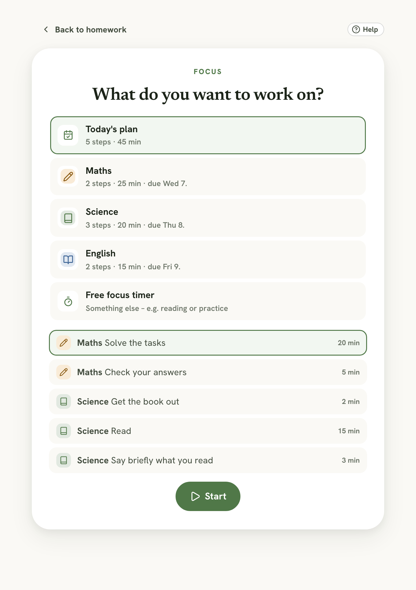 The focus page What do you want to work on? with Today's plan, three homework tasks, Free focus timer and today's steps above the Start button