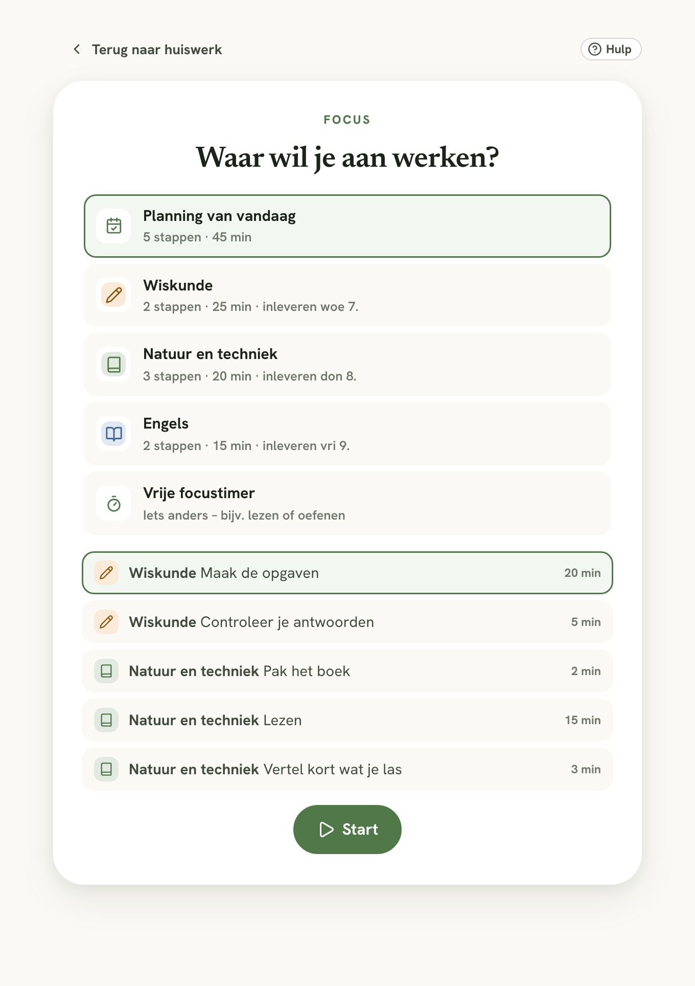 De focuspagina Waar wil je aan werken? met Planning van vandaag, drie huiswerktaken, Vrije focustimer en de stappen van vandaag boven de knop Start