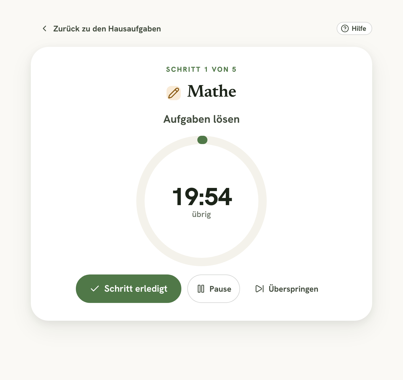 Der Fokus-Timer mit Countdown und den Schaltflächen Schritt erledigt, Pause und Überspringen