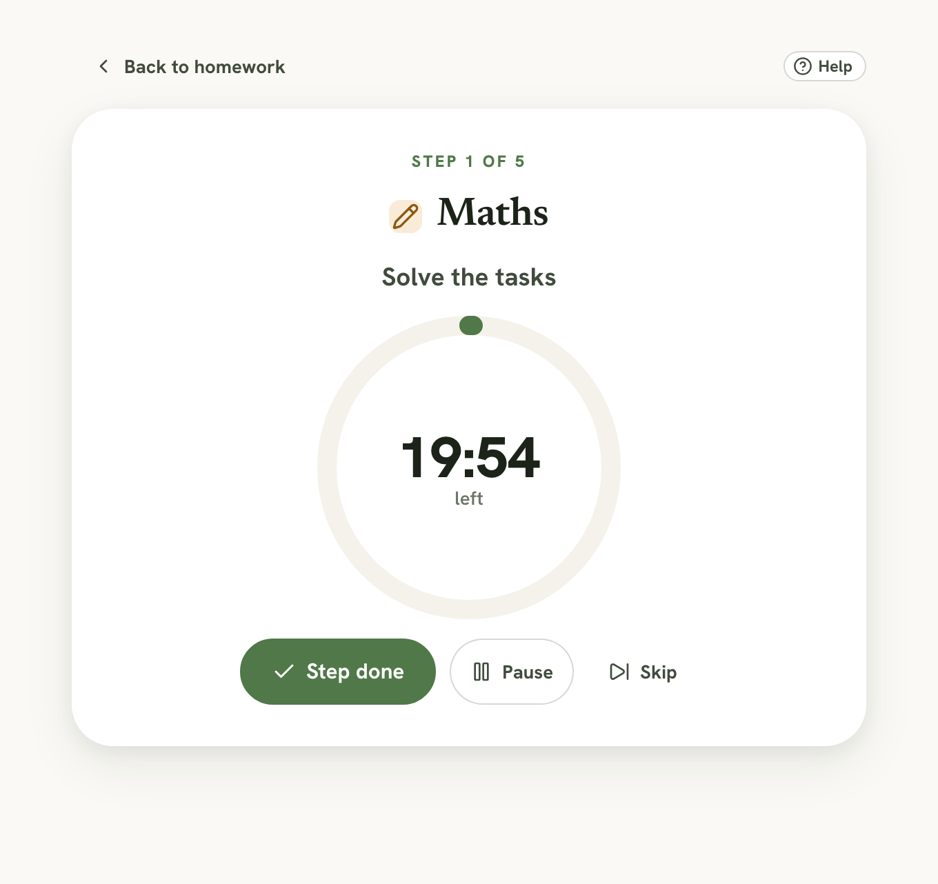 The focus timer with a countdown and the Step done, Pause and Skip buttons