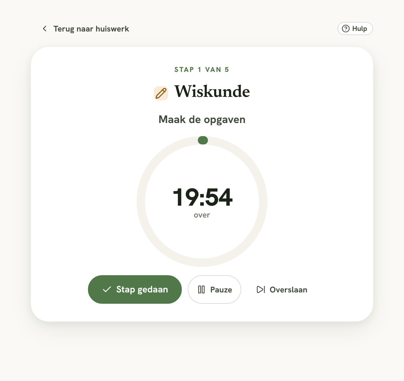 De focustimer met aftellen en de knoppen Stap gedaan, Pauze en Overslaan