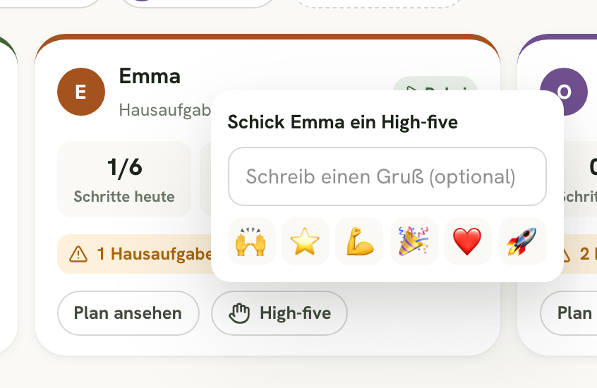 Das High-five-Feld mit einem Gruß und Emojis