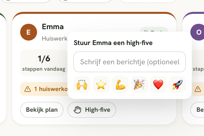 Het high-five-venster met een berichtveld en zes emoji's