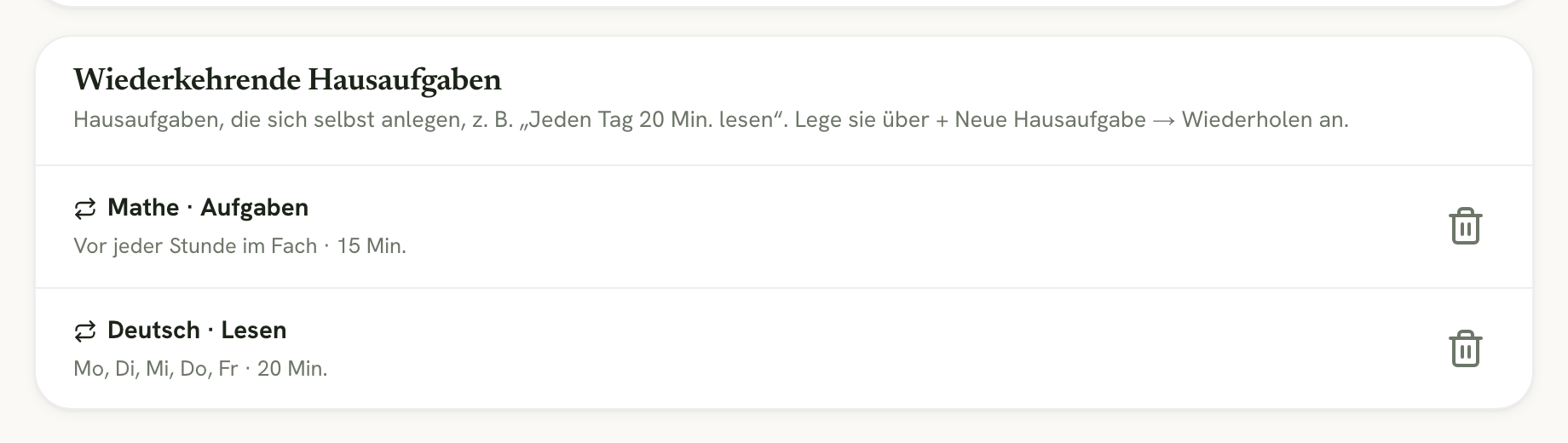 Der Abschnitt Wiederkehrende Hausaufgaben in den Einstellungen mit zwei Wiederholungen