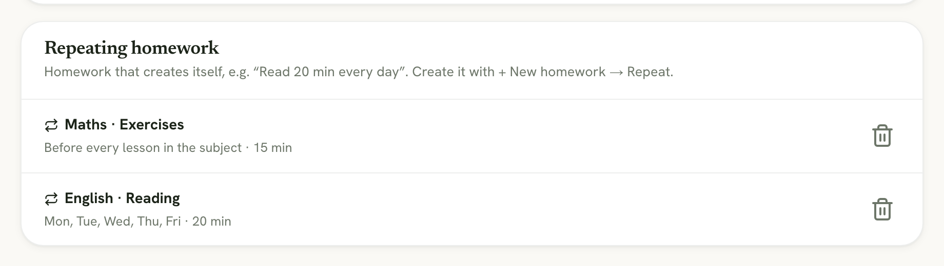 The Repeating homework section in settings with two repetitions