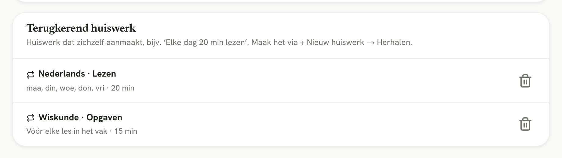 Het onderdeel Terugkerend huiswerk in de instellingen met twee herhalingen