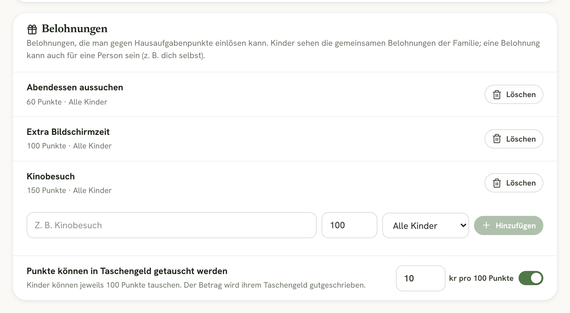 Der Abschnitt Belohnungen mit drei Belohnungen und der Einstellung für Taschengeld