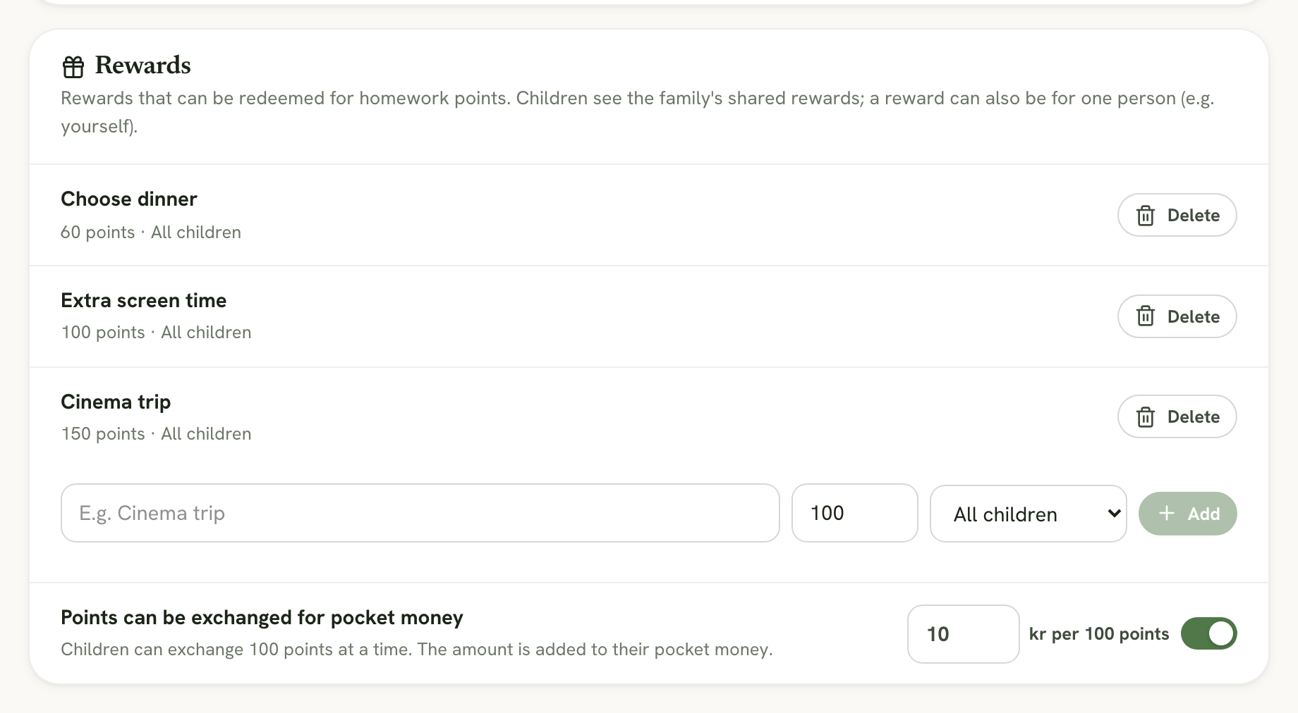 The Rewards section with three rewards and the pocket money setting