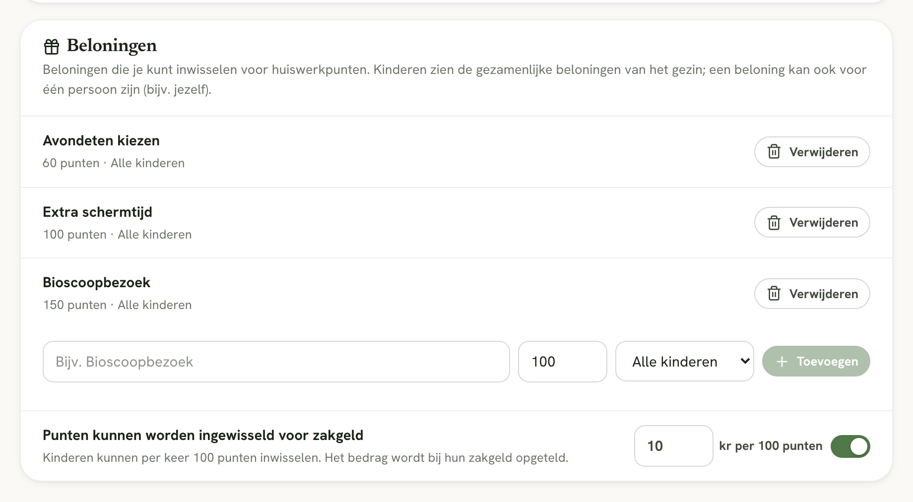 Het onderdeel Beloningen met drie beloningen en de instelling voor zakgeld