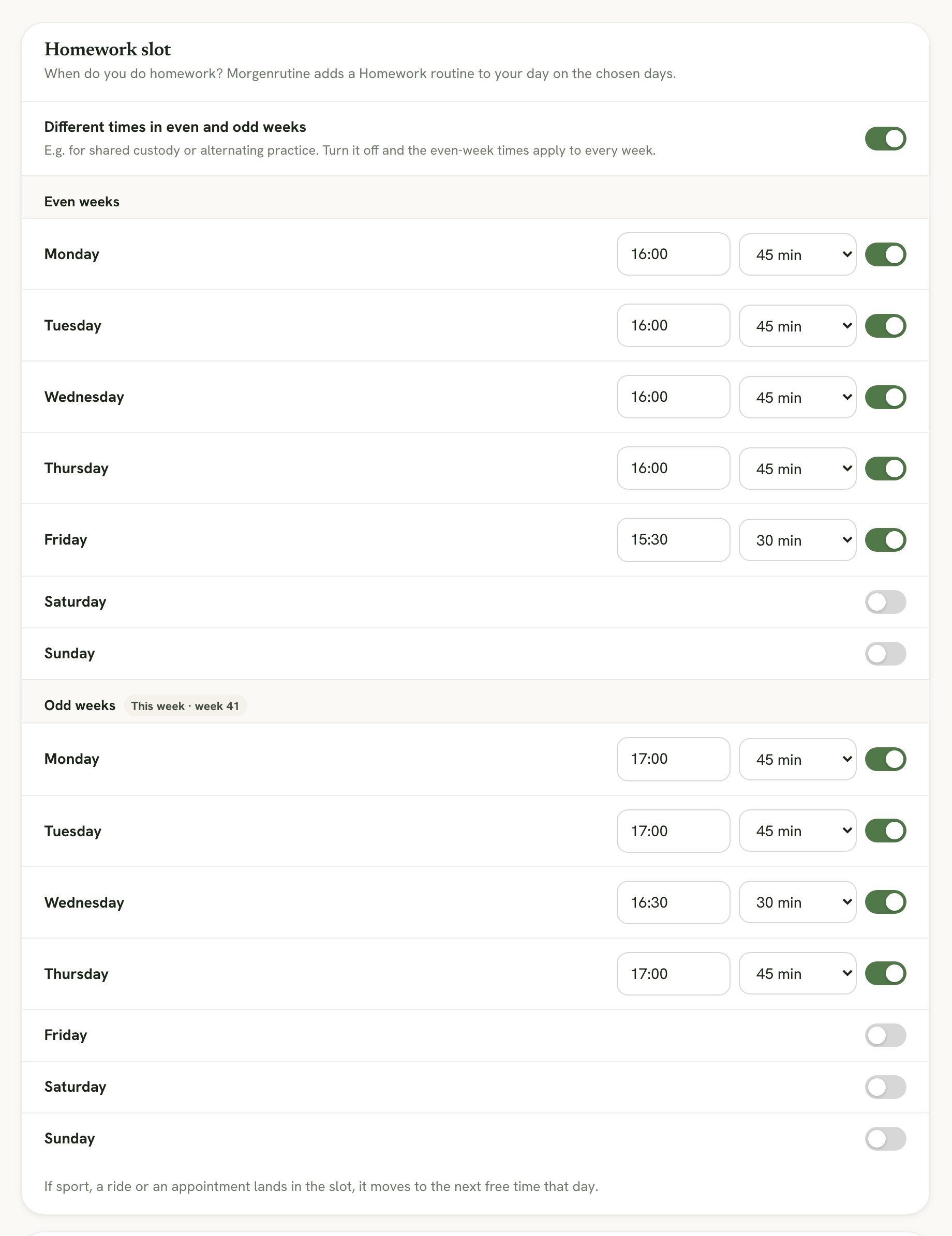 The Homework slot section with Different times in even and odd weeks turned on: 16:00 in even weeks and 17:00 in odd weeks