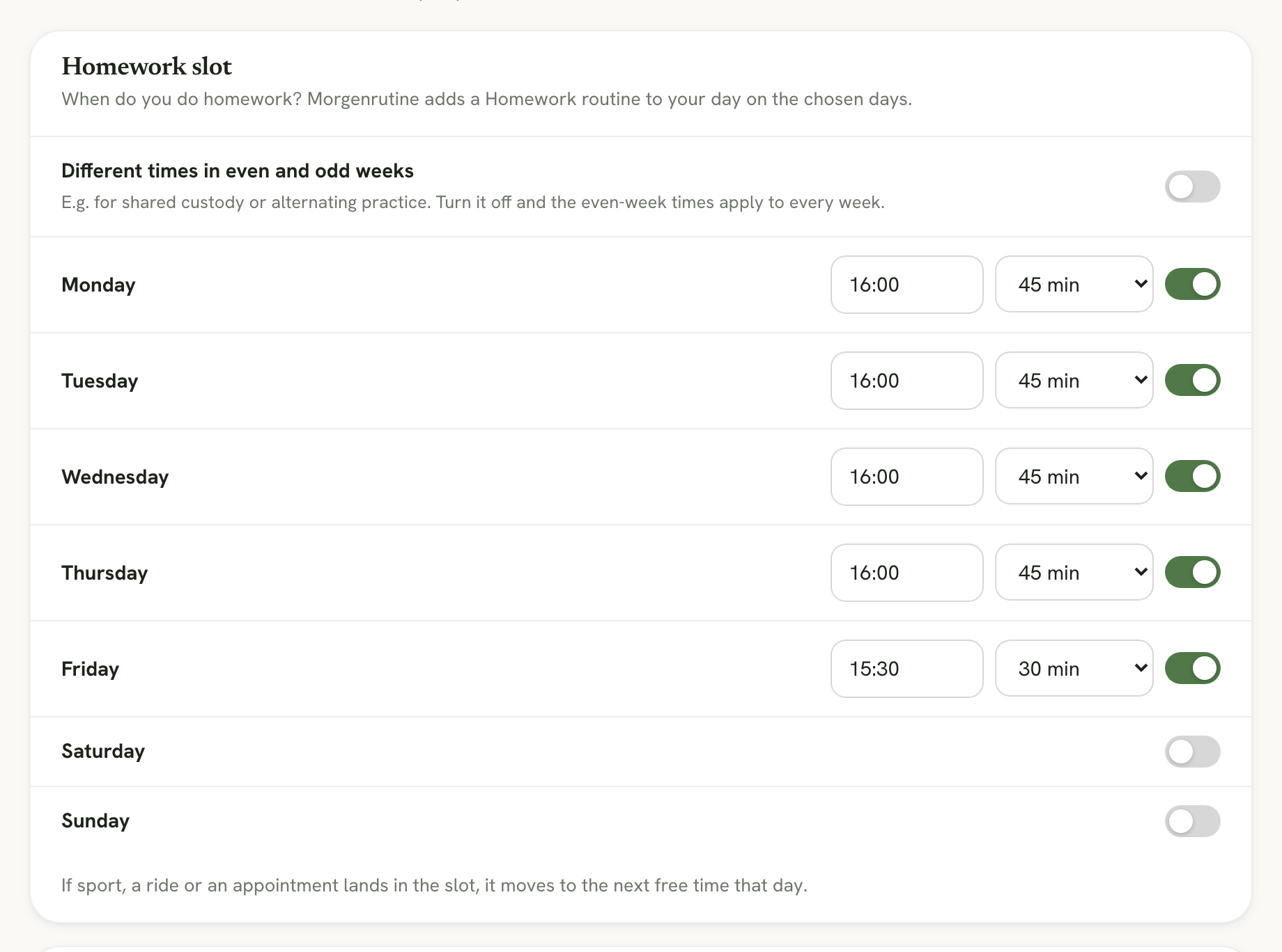 The Homework slot section with Monday to Friday turned on, start time and length