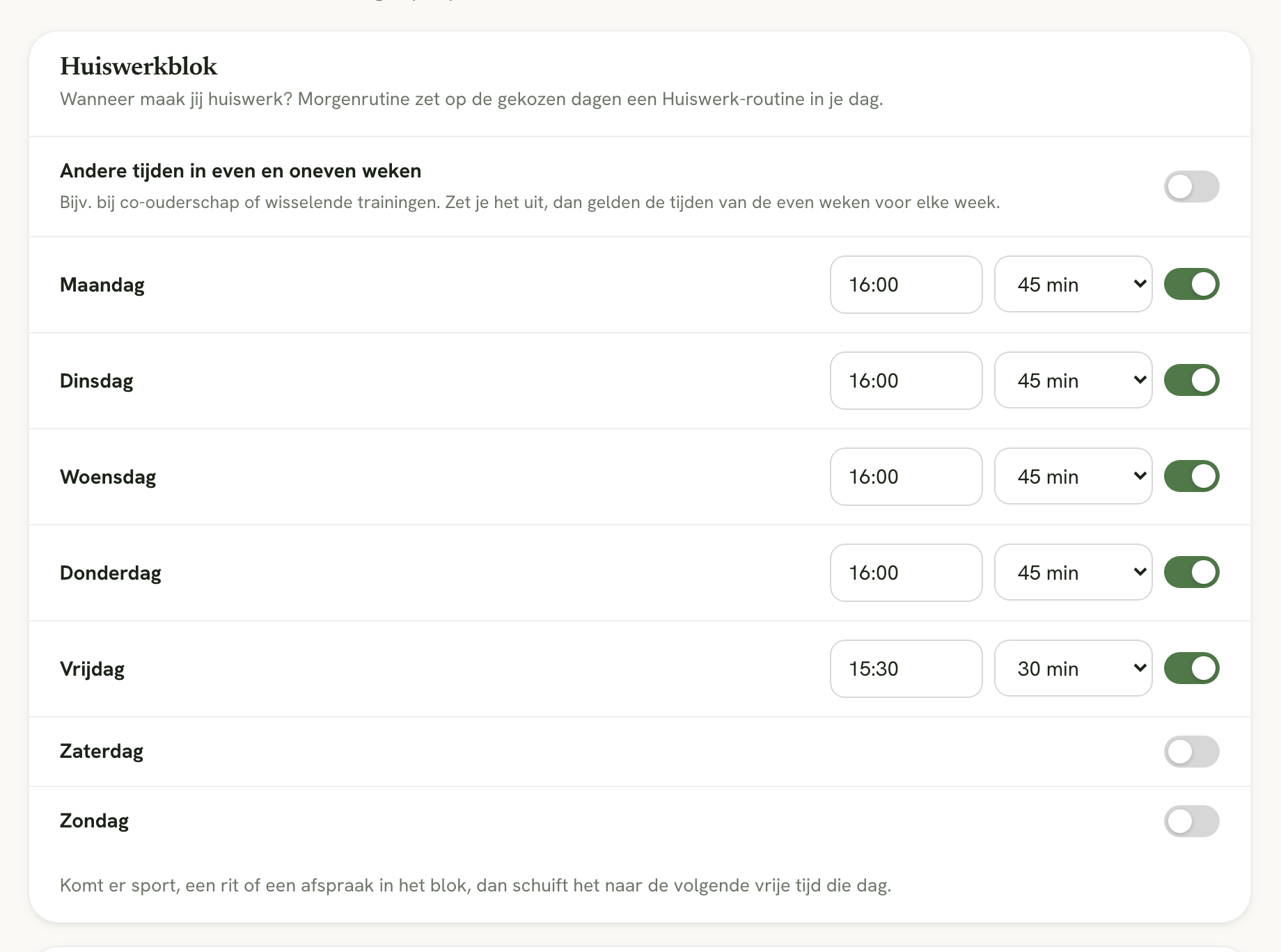 Het onderdeel Huiswerkblok met maandag tot vrijdag aan, begintijd en duur