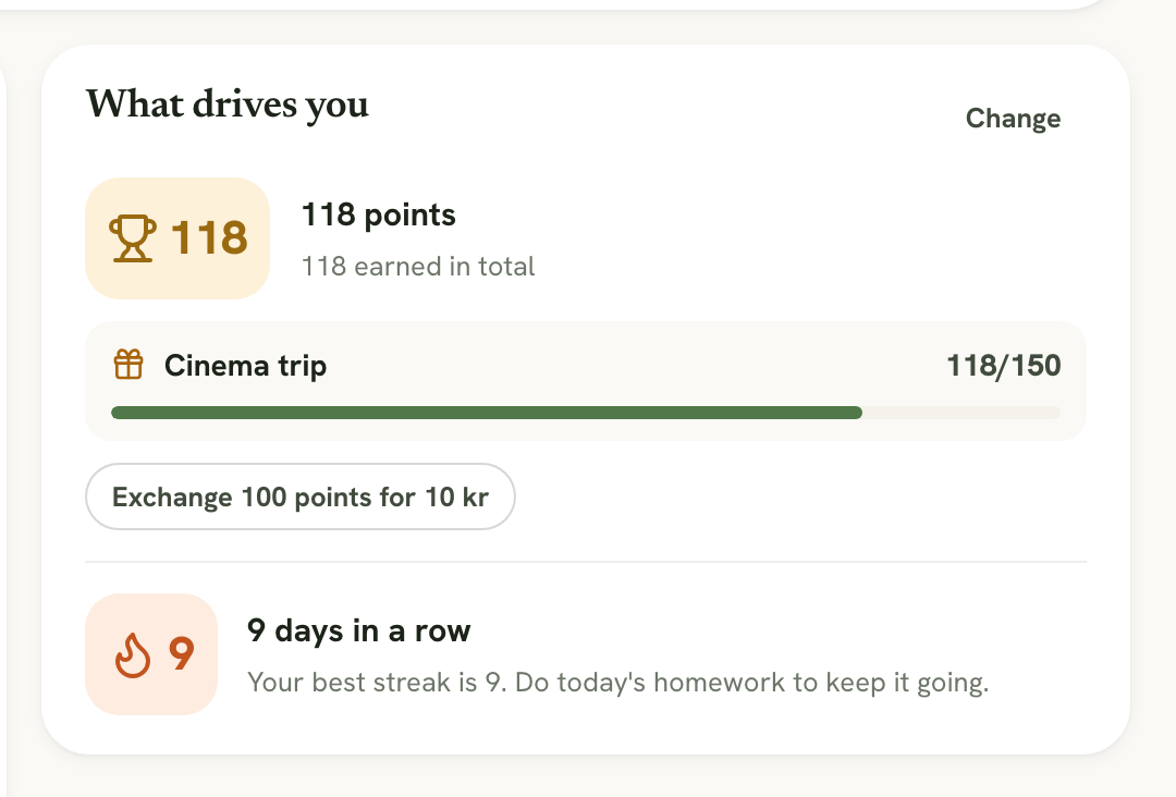 The What drives you card with 118 points, the Cinema trip reward and a 9-day streak