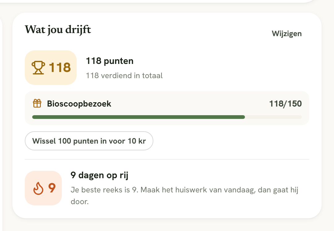 De kaart Wat jou drijft met 118 punten, de beloning Bioscoopbezoek en een reeks van 9 dagen