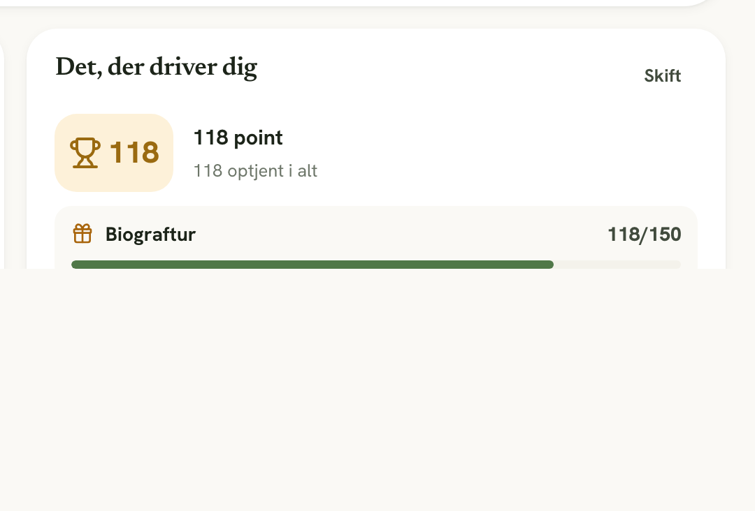 Kortet Det, der driver dig med point, næste præmie og en stribe
