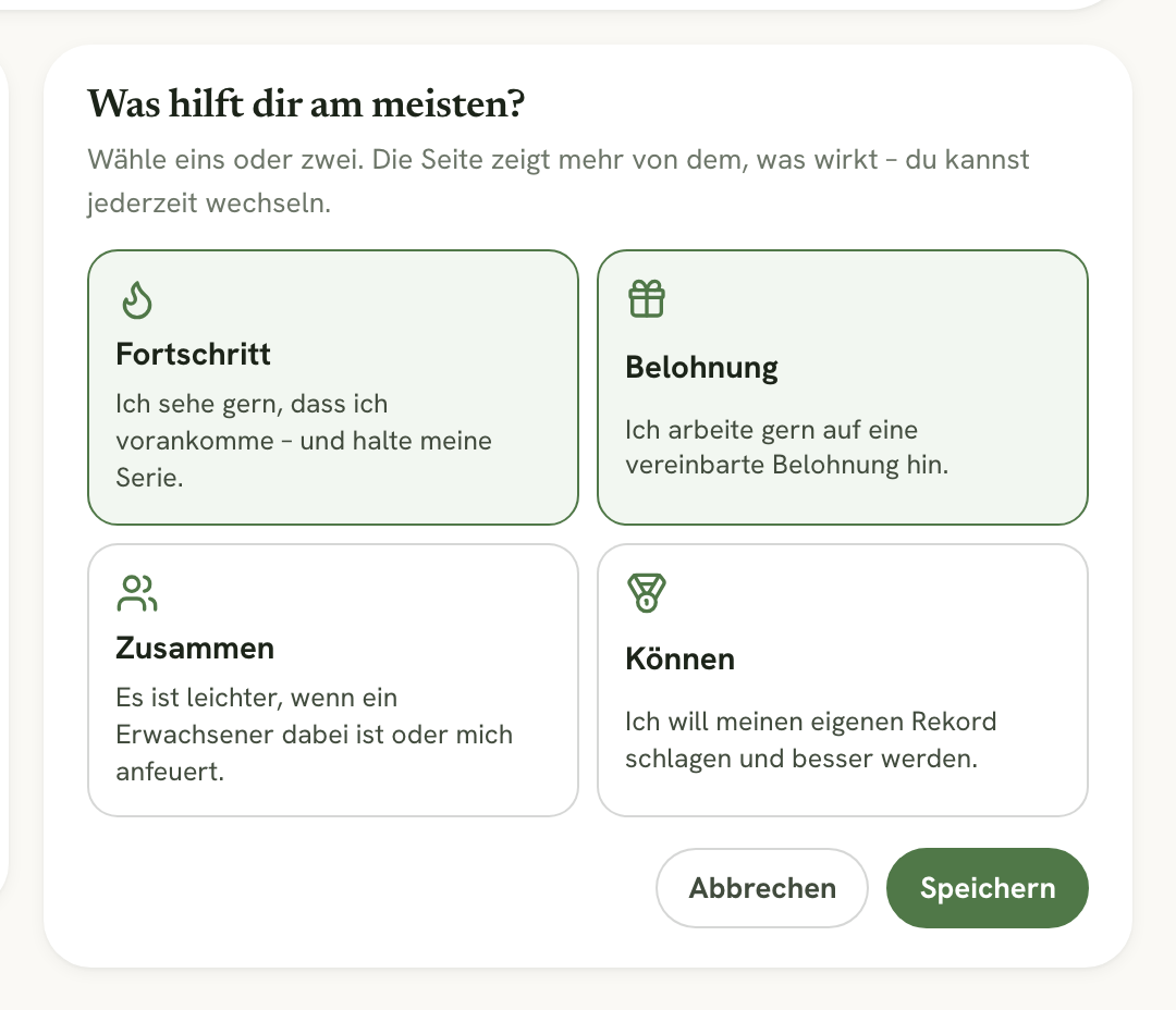 Die Wahl der Motivation mit Fortschritt, Belohnung, Zusammen und Können