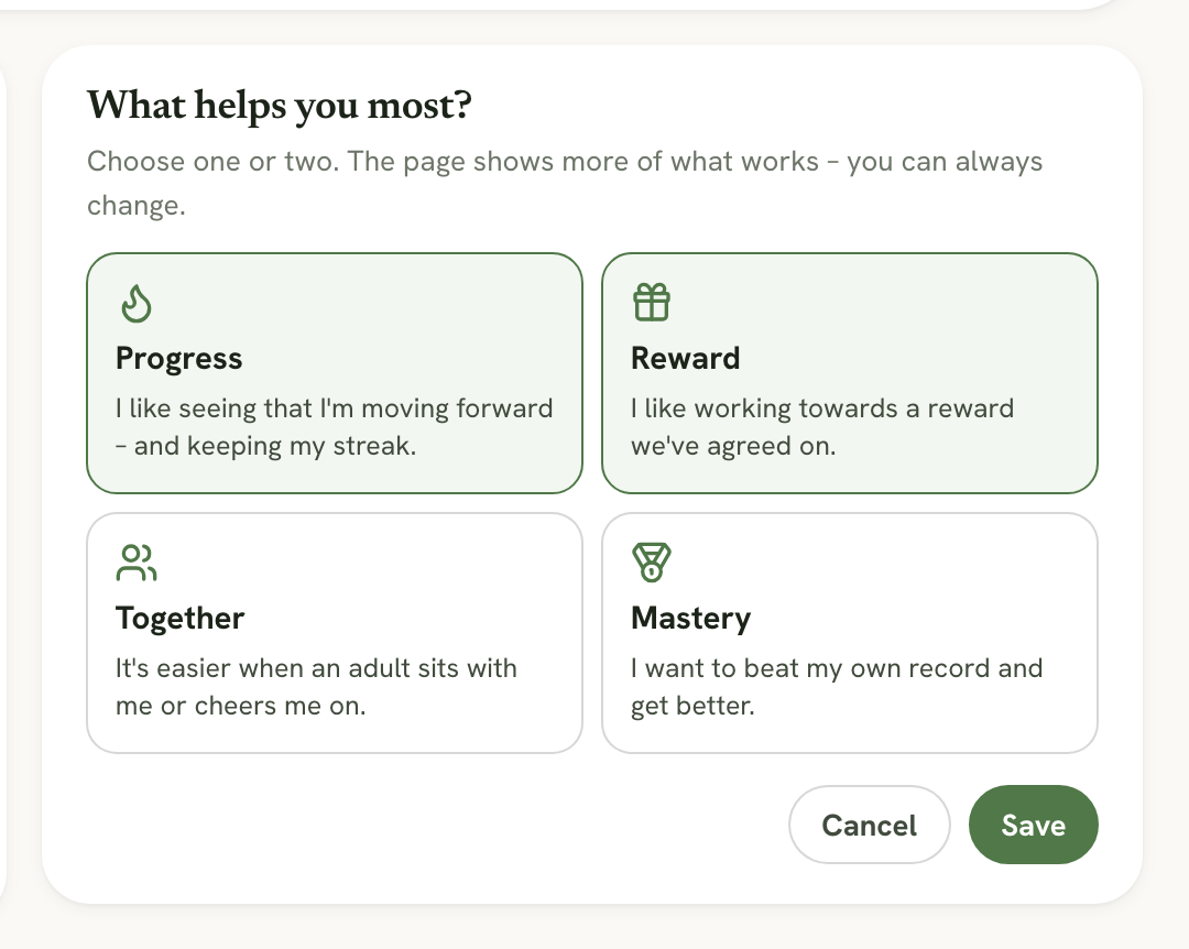 The motivation choice with Progress, Reward, Together and Mastery