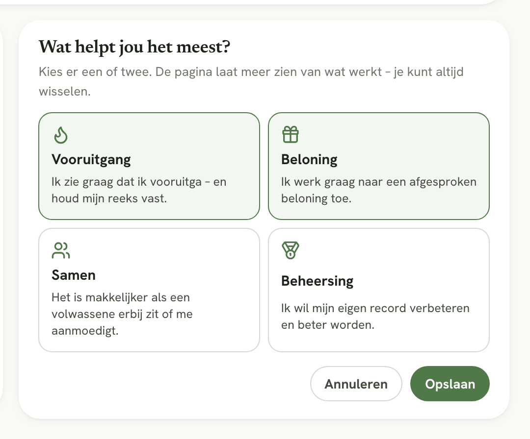 De keuze van motivatie met Vooruitgang, Beloning, Samen en Beheersing