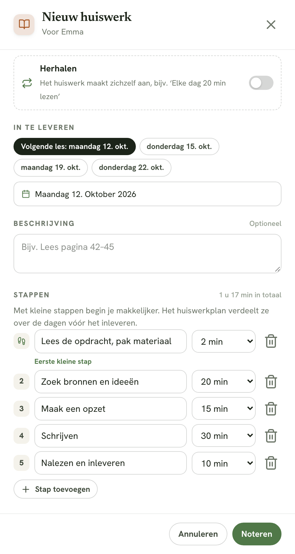 De stappen van een inleveropdracht met een eerste kleine stap van twee minuten