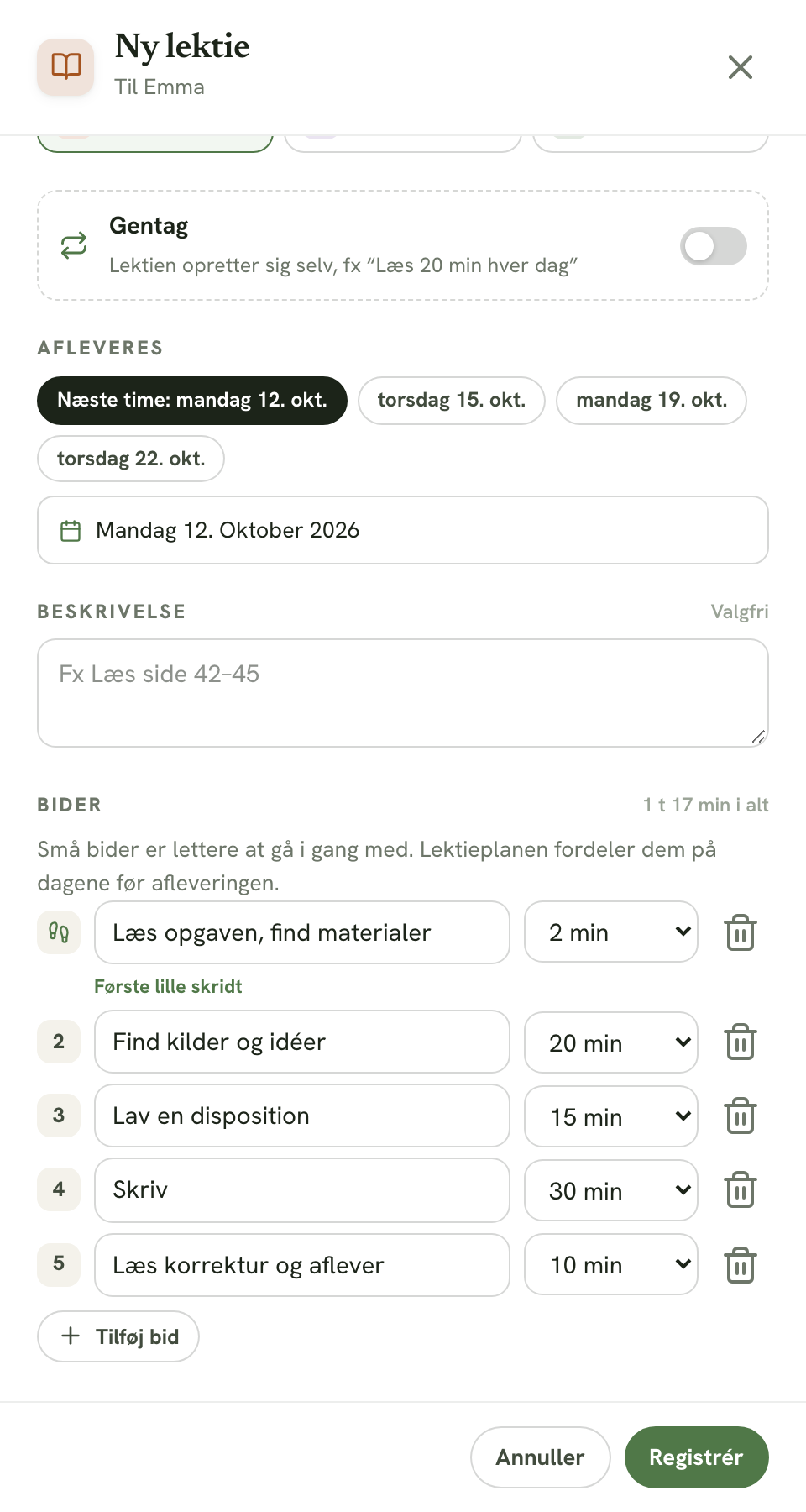 Bidderne for en aflevering med første lille skridt på 2 minutter