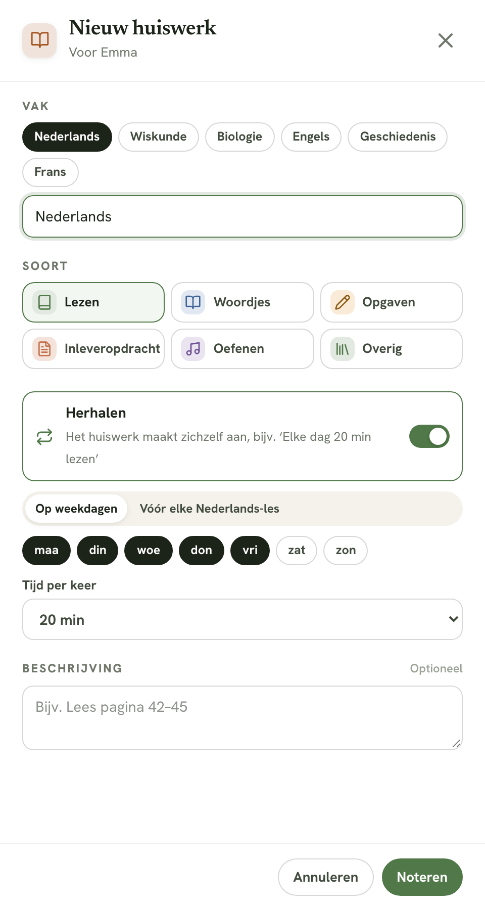 Het paneel met Herhalen aan, Op weekdagen met maandag tot vrijdag en Tijd per keer 20 min