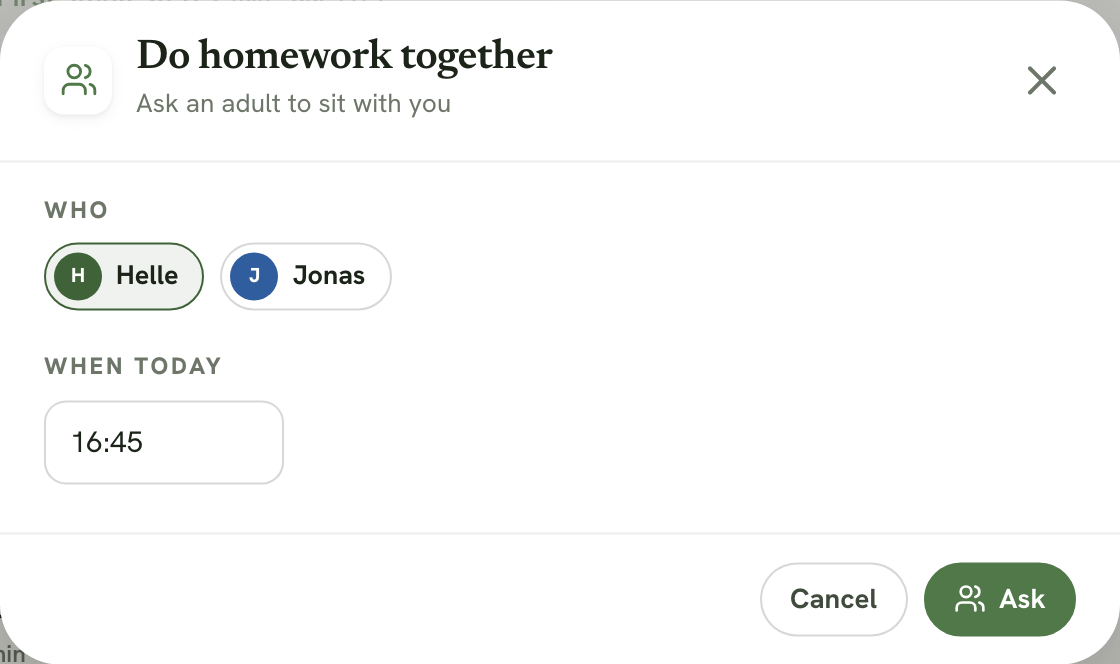 The Do homework together dialog with a choice of adult and time