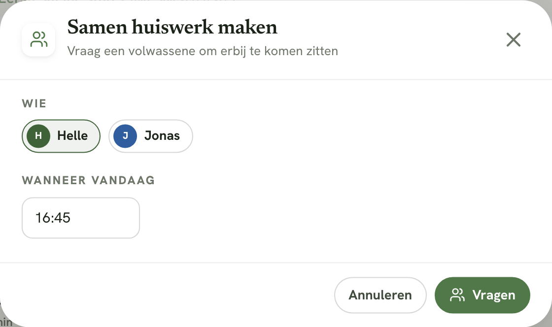 Het venster Samen huiswerk maken met keuze van volwassene en tijdstip