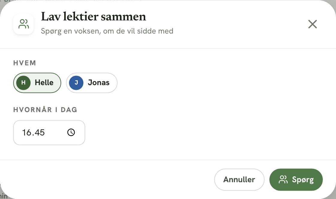 Dialogen Lav lektier sammen med valg af voksen og tidspunkt