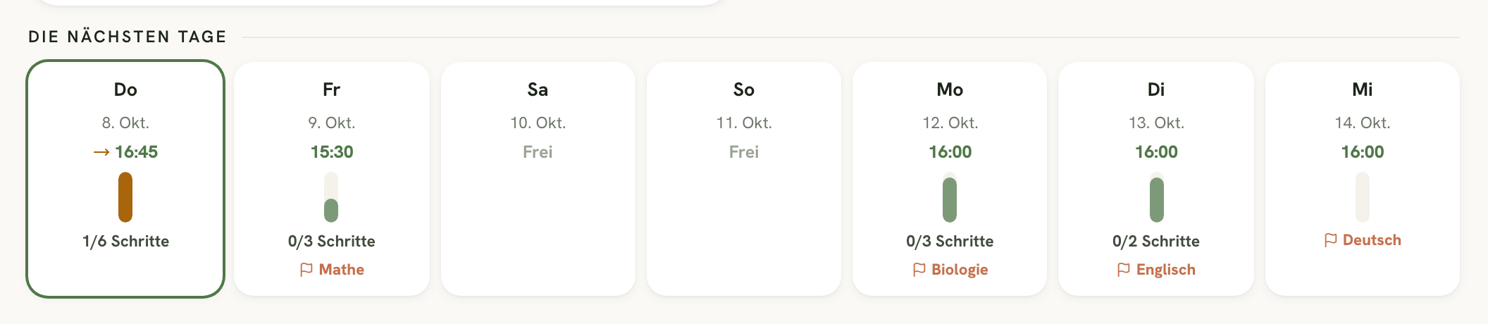 Die nächsten Tage mit Fenster, Schritten und Abgaben für sieben Tage
