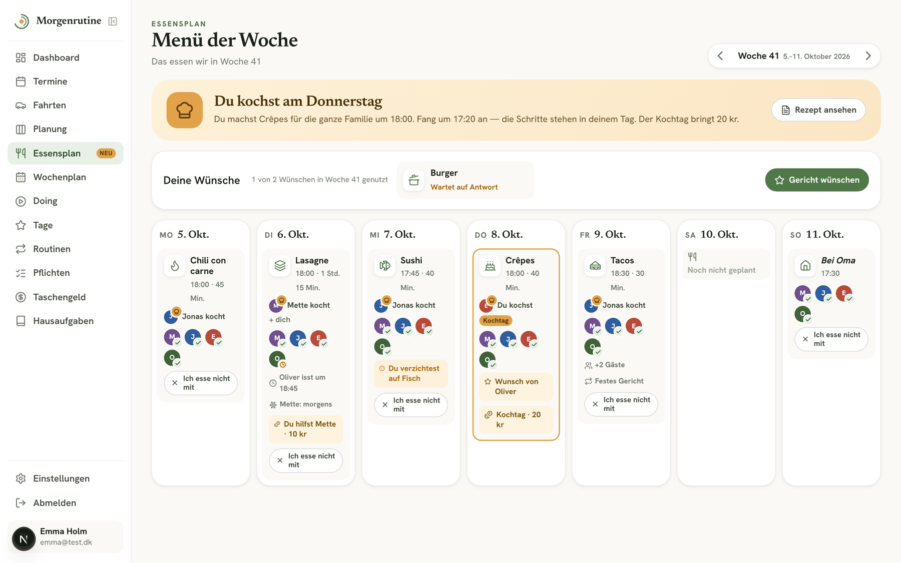 Die Ansicht des Kindes mit Kochtag, eigenen Wünschen und dem Menü der Woche
