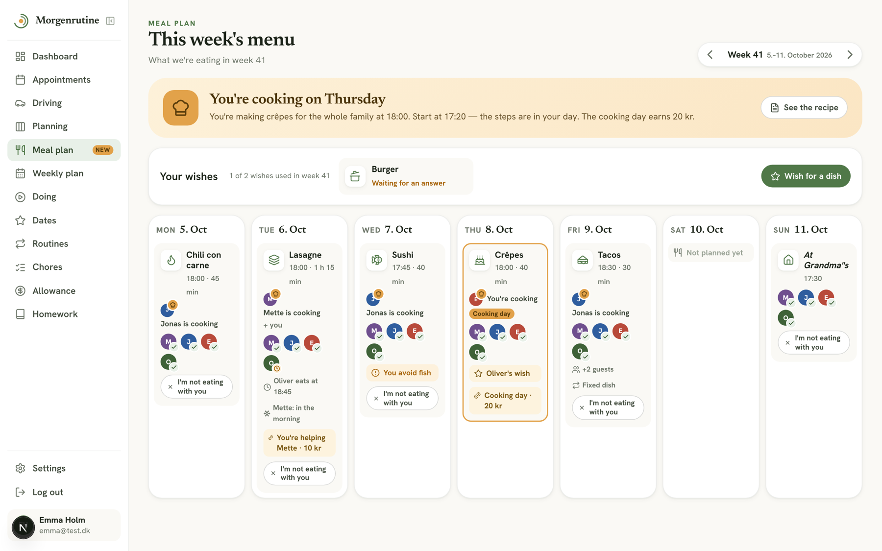 The child's view of the meal plan with cooking day, own wishes and this week's menu