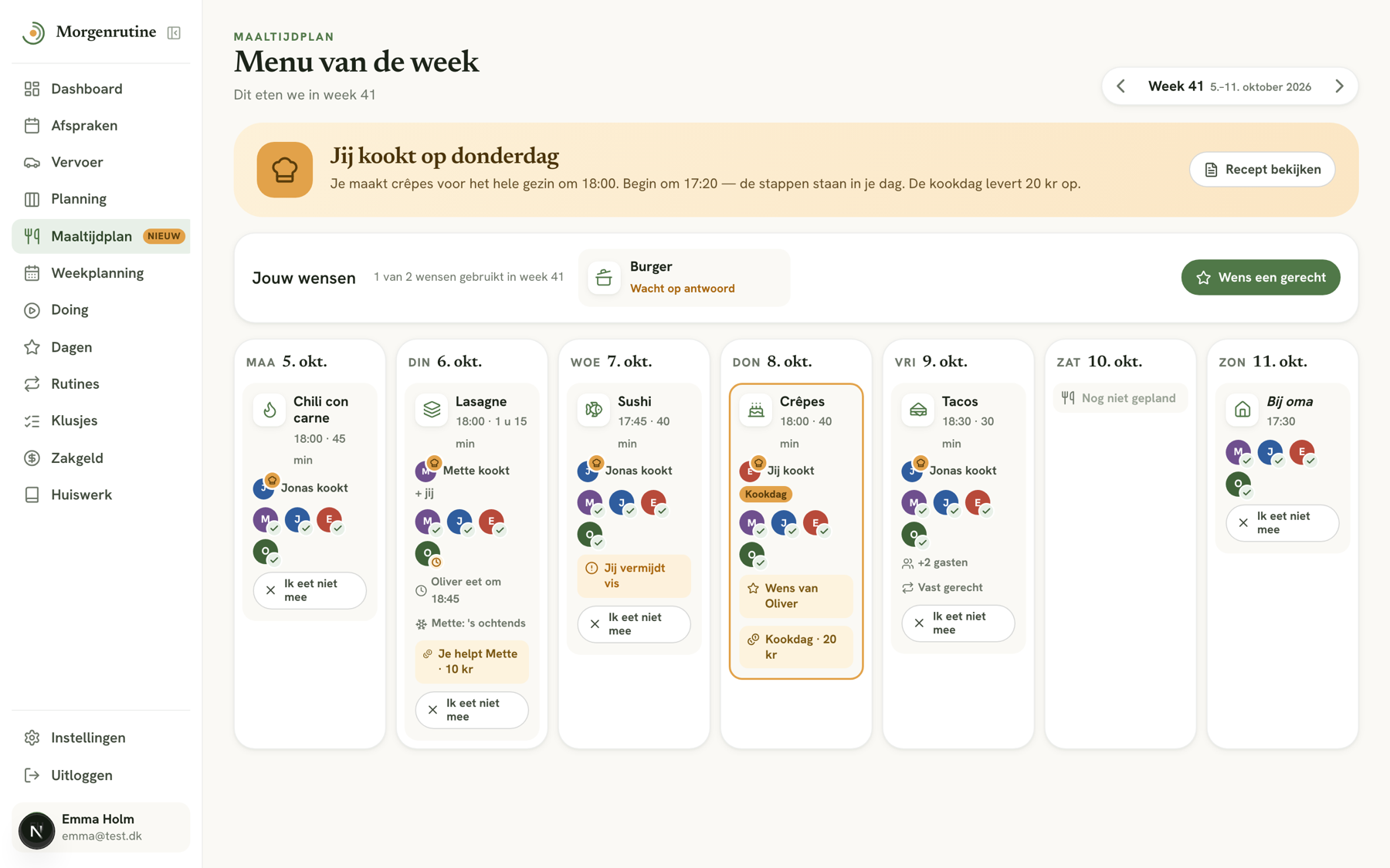 De weergave van het kind met kookdag, eigen wensen en het menu van de week