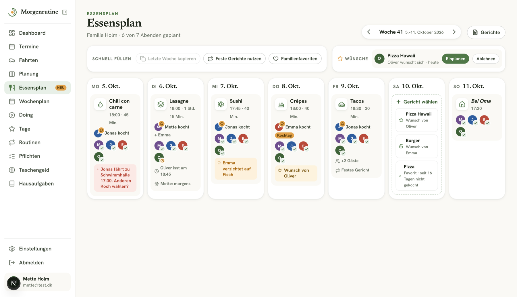 Der Essensplan in der Web-App: die Abendessen der Woche mit Gericht, Koch, wer mitisst und einem Konflikt, weil der Koch fahren muss