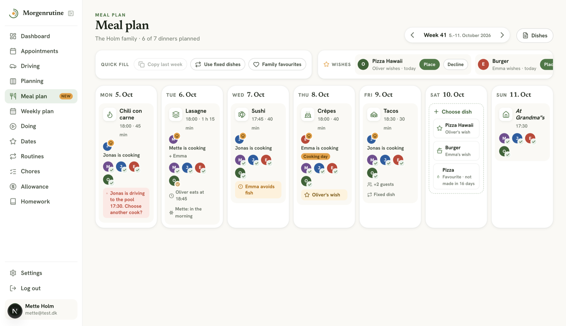 The meal plan in the web app: the week's dinners with dish, cook, who's eating and a conflict because the cook has to drive