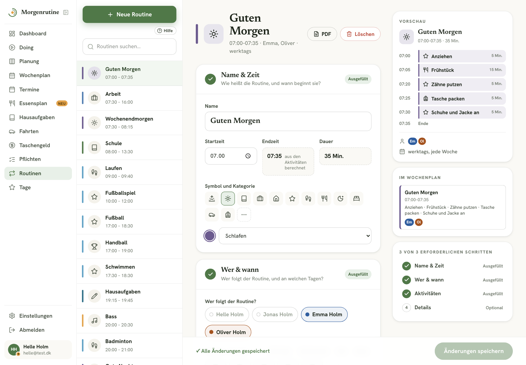 Eine Routine mit Aktivitäten und Vorschau in der Web-App