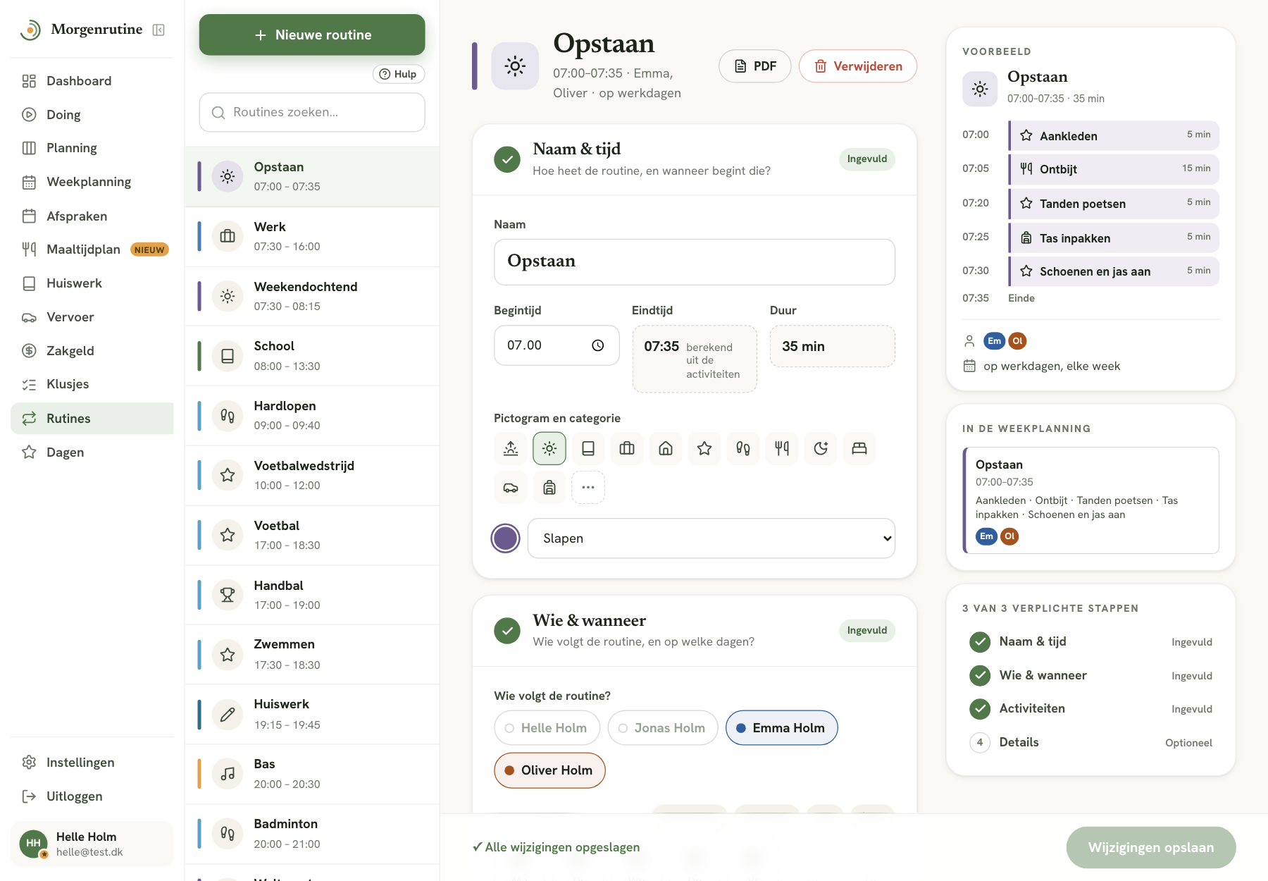 Een routine met activiteiten en een voorbeeld in de webapp