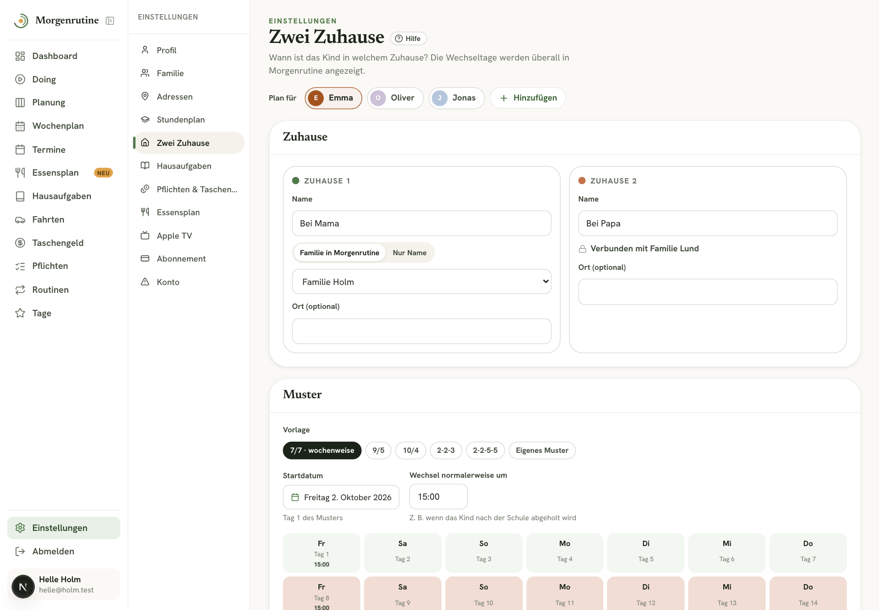 Zwei Zuhause in der Web-App mit Bei Mama und Bei Papa und dem Muster 7/7 · wochenweise