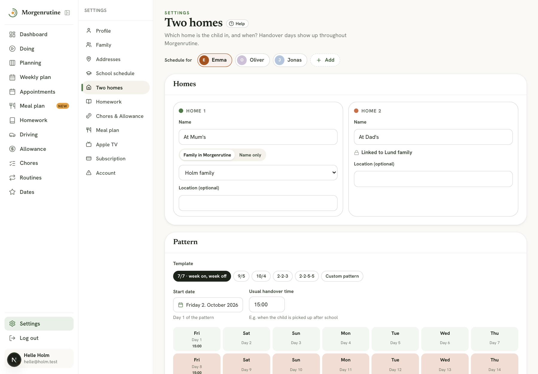 Two homes in the web app with At Mum's and At Dad's and the pattern 7/7 · week on, week off