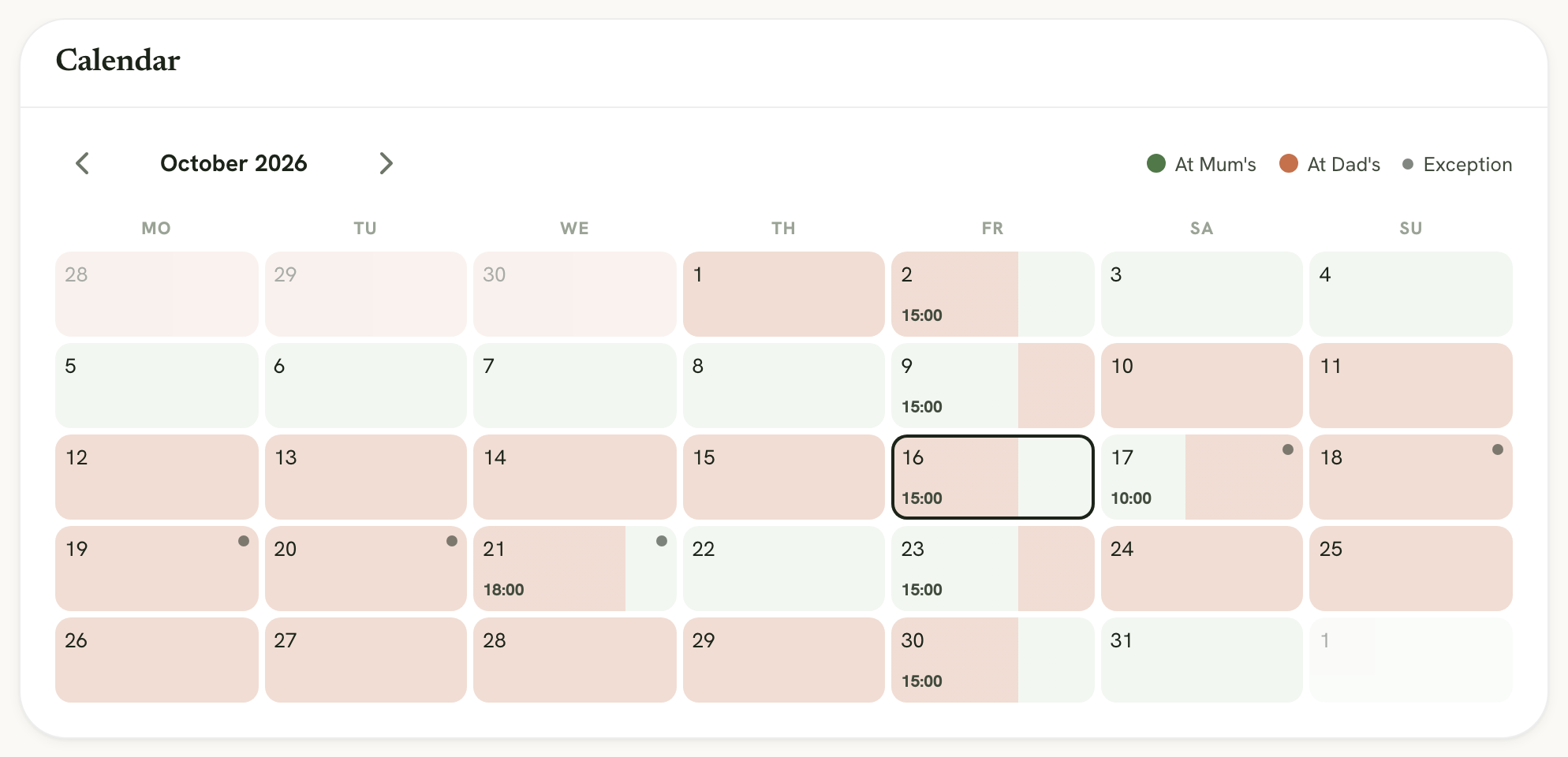 The October calendar with week on, week off, split handover days and the autumn half-term