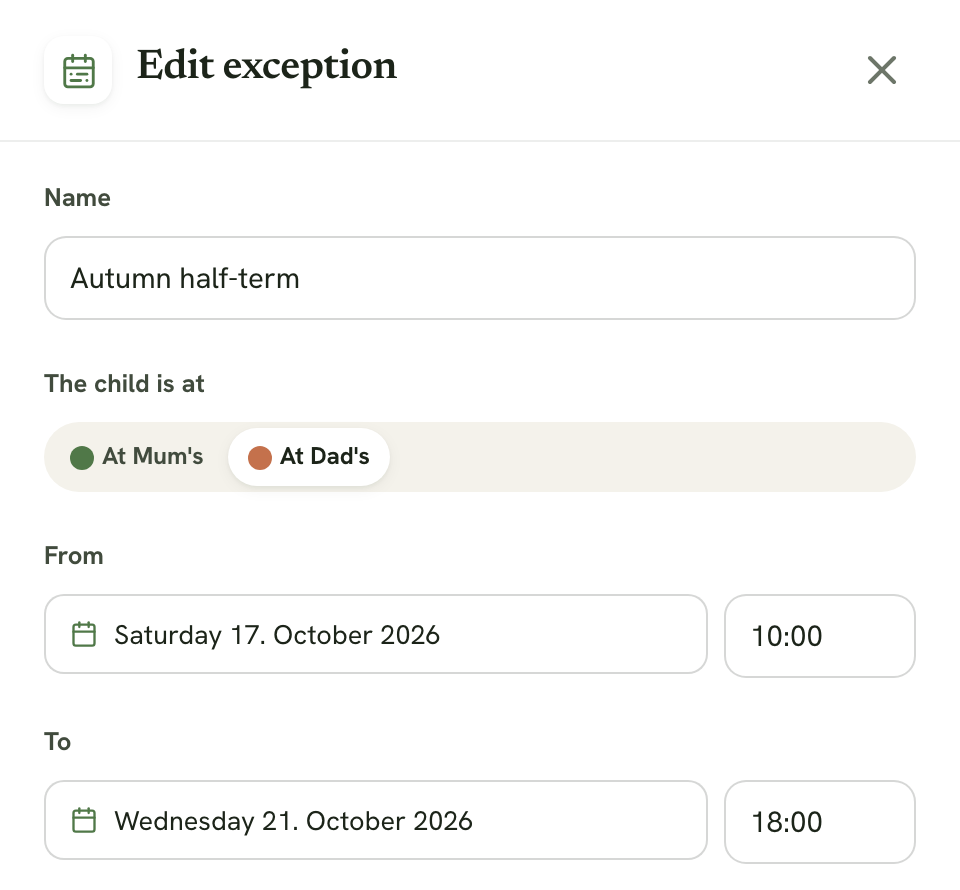 The Edit exception panel with Autumn half-term at Dad's from Saturday 10:00 to Wednesday 18:00