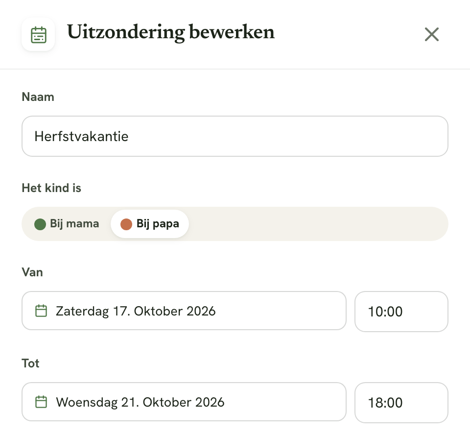 Het paneel Uitzondering bewerken met Herfstvakantie bij papa van zaterdag 10:00 tot woensdag 18:00