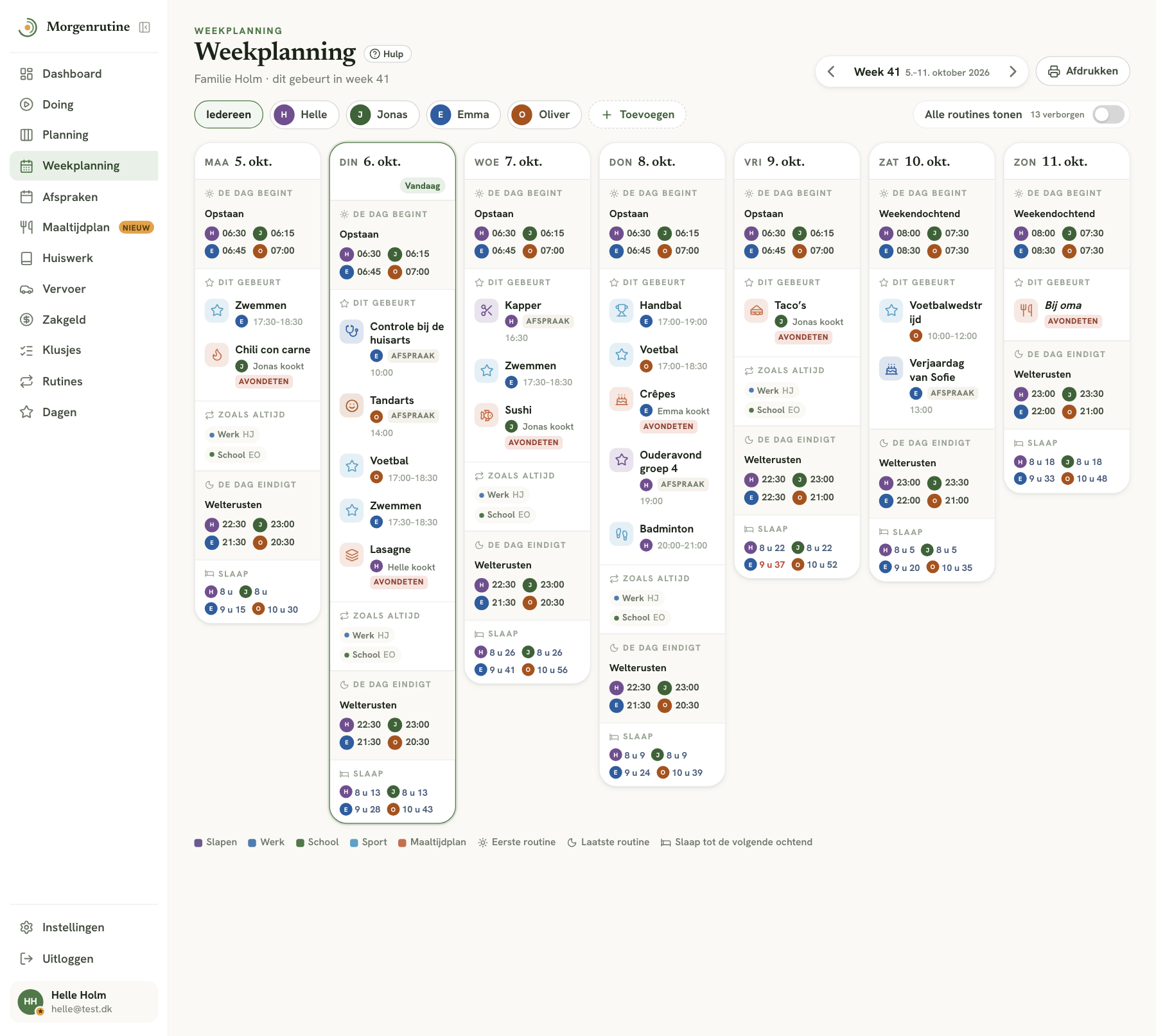 De weekplanning met een kaart per dag: De dag begint, Dit gebeurt, Zoals altijd, De dag eindigt en Slaap